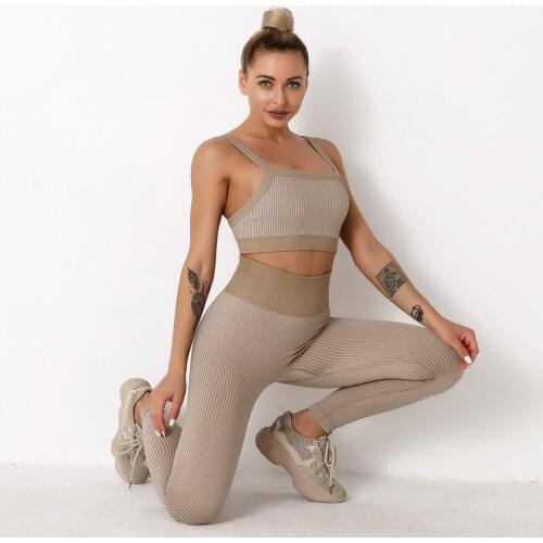 High Waist Seamless Stripe Yoga Set Bra Legging Fitness Suit Workout Clothes Running Gym Sports Womens Fitness Two Piece Set