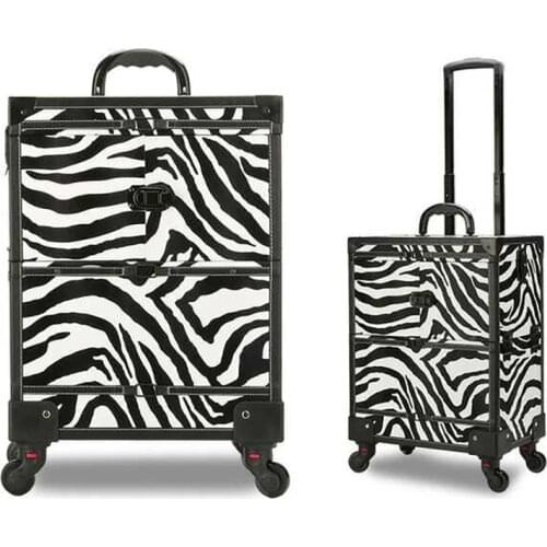 Black white leopard pull rod cosmetic case professional large makeup suitcase beauty tools luggage fashion cosmetic case