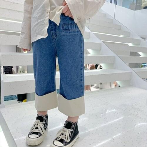 Girls' Jeans 2021 Autumn New Childrens Simple Casual Patchwork Color Casual Elastic Waist Straight Pants Kids Pants