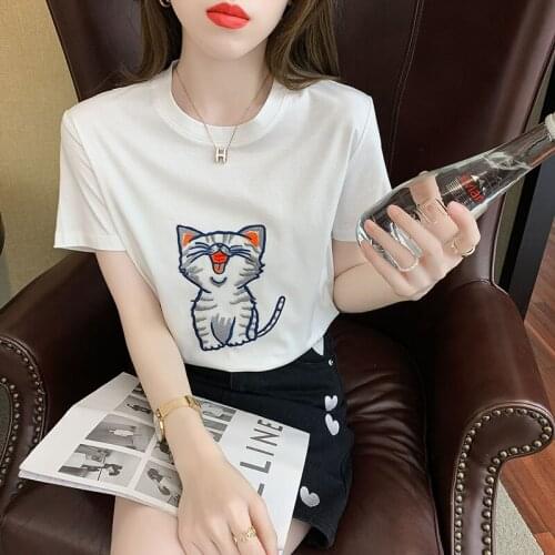 Sweet girly feeling! Embroidered silver silk cat 70 mercerized cotton comfortable T-shirts are thin, wild, careful