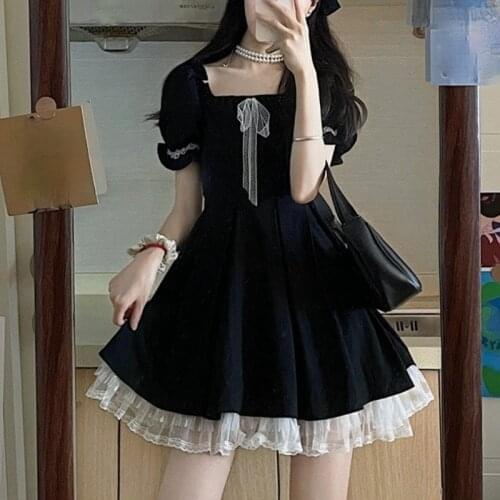 Korean Fashion Black Gothic Dress Female 2021 Summer Elegant French Dress Women Short Sleeve Beach Casual Dress Bow Lace Design