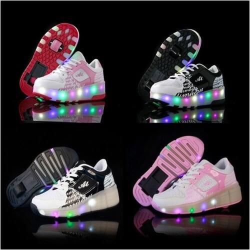 Children One Two Wheels Luminous Glowing Sneakers Gold Pink Led Light Roller Skate Shoes Kids Led Shoes Boys Girls USB Charging