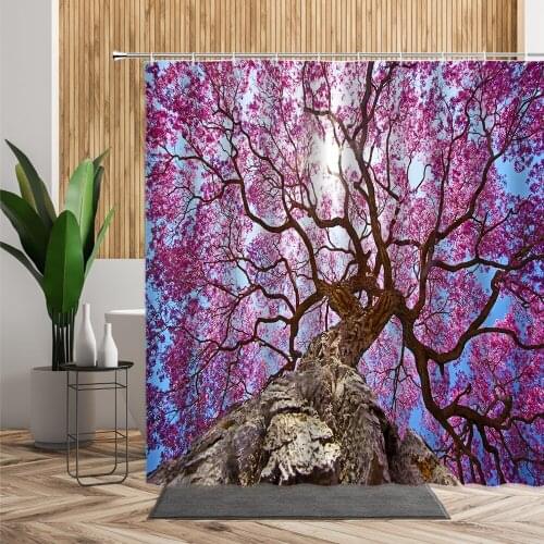 Forest Nordic Style Shower Curtains Set With Hook Waterproof Pink Flower Tree Nature Landscape Home Decoration Bathroom Curtains