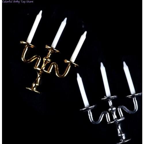 1:12 Scale 1pc 3-arm Miniature Candlesticks Candelabra Dollhouse White Candles Furniture Toy Pretend Play Doll House Accessories