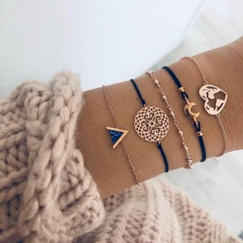 Fashion Boho Charm Bracelets Set Woman Golden Hollow Heart Moon Black Crack Stone Cuff Chain Friendship Bracelet Female jewelry