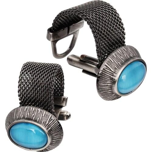 HAWSON Mens Cufflinks with Chain - Stone and Anti-blackTone Shirt Accessories - Party Gifts for Young Men (Cats Eye)