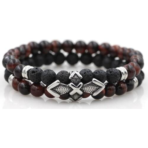 Natural Stone Double Line Red Tiger Eye Bead Bracelet Stainless Steel Cross Charms Bracelet Jewelry for Men Women