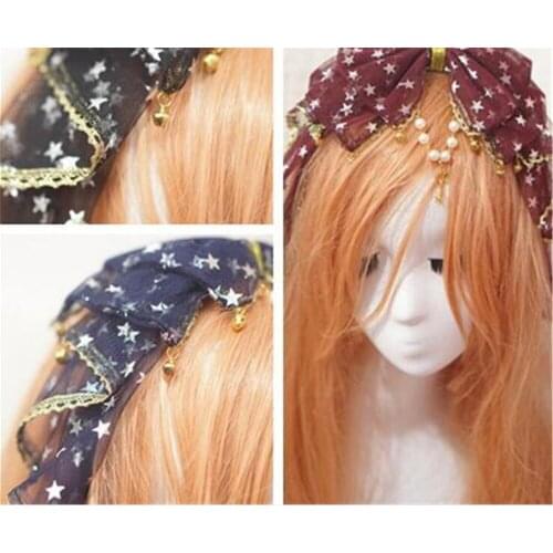 Sweet Lolita Kawaii Bow Lace Trim Bell Pendant Headband Fairy Cosplay Headwear Hair clasp KC Stars Hair Accessories B442