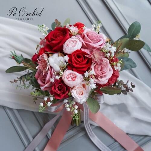 PEORCHID Dusty Pink&Red Wedding Bouqet Autumn Winter Cotton Lily Of The Valley Rose Bridal Fake Bouquet Holding flower Deco
