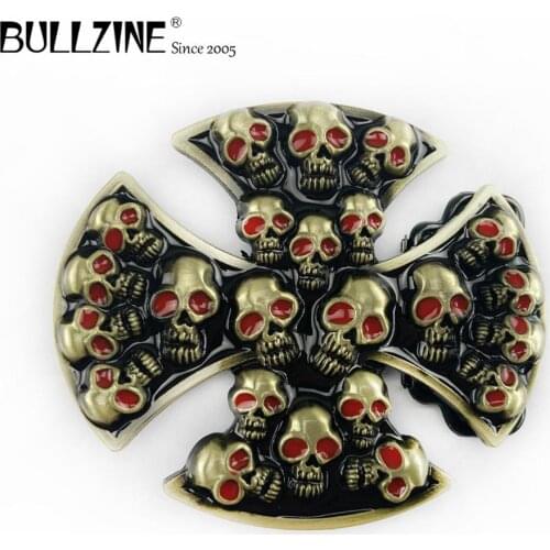 The Bullzine cross with skulls belt buckle with enamel with pewter finish FP-03480 suitable for 4cm width belt