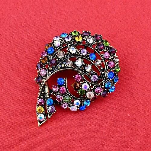 Personal High Quality Vintage Bronze Plated Multi Colored Fashion Rhinestone Crystal Flower Pin Brooch, Item No.: BH7646