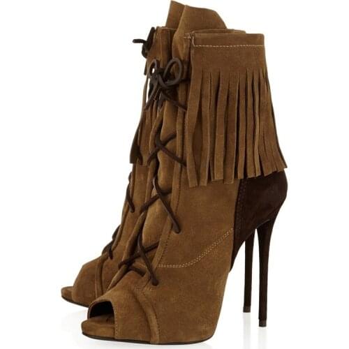 Fringe Women Boots With Thin Heels Peep Toe Shoes For Woman Lace up High Heel Size 34-42 Summer Ankle Boots Sexy