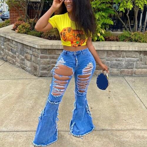 Jeans Pants For Women Sexy Hole High Waisted Flare Trousers Bodycon Fashion Evening Night Club Wear Clothing Flare Trousers New