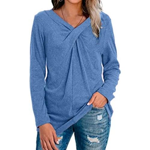 Women T-shirt Tops Plus Siz Autumn Solid Color V Neck Long Sleeve Cross Knot Loose Tunic Top Tops Female T-shirts mujer clothing