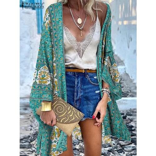 ZANZEA Women Cardigan Summer Open Front Bohemian Floral Printed Blouse Kimono Casual Loose Beach Tops Vintage Long Sleeve Blusas