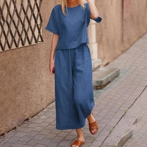 Casual Outfit Women Set Summer Short Sleeve Top Shirt Loose And Wide Leg Pants Two-piece Round Neck T-shirt Cropped Pants Tshirt