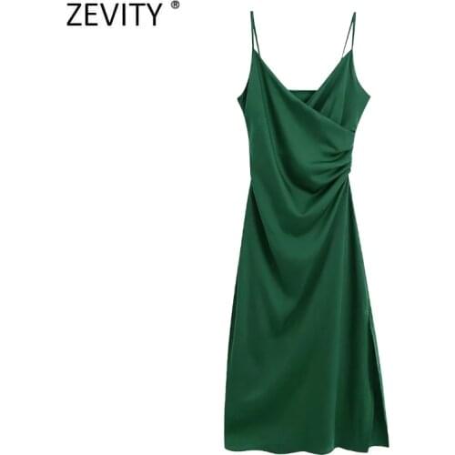 Zevity Women Fashion V Neck Pleats Design Green Soft Satin Sling Dress Chic Female Spaghetti Strap Side Zipper Vestido DS8586