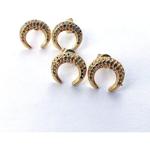 6 Pairs Crescent Moon Shape gold color horn Colorful cz Crystal Micro Pave stud Earrings fashion female women jewelry ER900