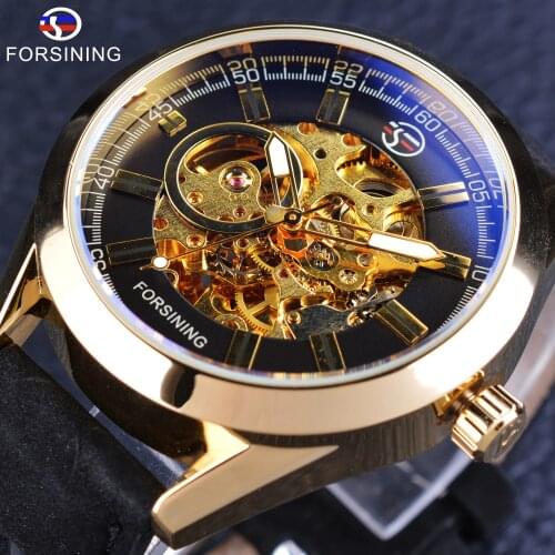 Forsining Golden Case Steampunk Automatic Wrist Watch Open Work Skeleton Mens Watches Top Brand Luxury Fashion Mechanical Watch
