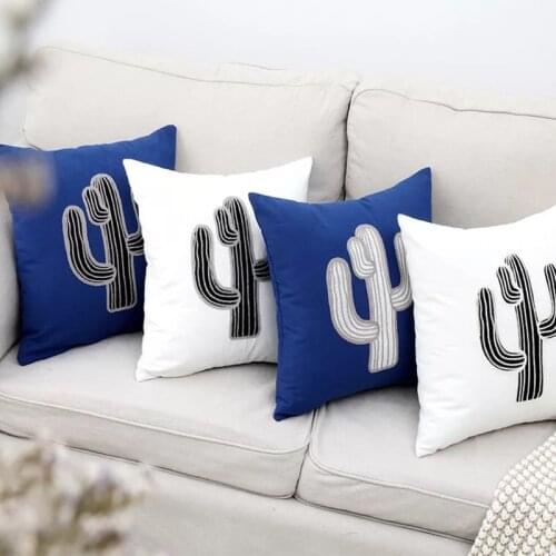 Home Decorative Cactus Cushion Cover Embroidered Blue Gray White Canvas Cotton Square Embroidery Pillow Cover 45x45cm