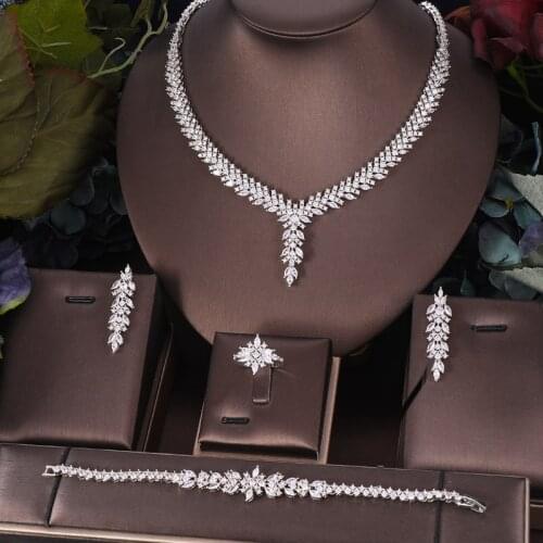 Janekelly 4pcs Bridal Zirconia Full Jewelry Sets For Women Party, Luxury Dubai Nigeria CZ Crystal Wedding Jewelry Sets