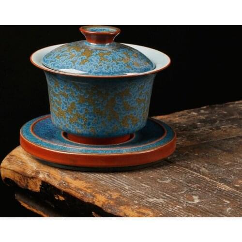 Tea set cover bowl kiln turned ceramic Sancai bowl household retro tea set tea maker Jingdezhen handmade tea bowl