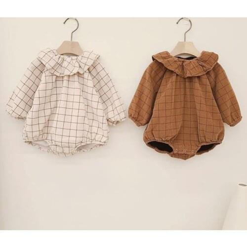 Newborn Baby Boys Romper Spring Fall Infant Clothes Vintage Plaid Toddler Overalls Princess Girls Ruffles Lace Jumpsuit Baby Set
