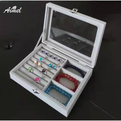 Velvet Ring Jewelry Packaging Box With Glass Cover Grey Earring Holder Ring Cufflink Storage Organizer Showcase Travel Decor