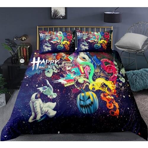 Happy Halloween Colorful Down Duvet Set Pillowcase Fire Pumpkin Tree Childrens Bedding Family Set Double Queen King Size