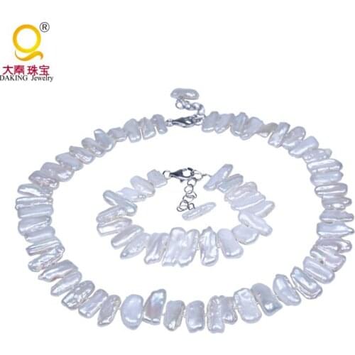 Daking REAL PEARL AAA Natural Shape White Biwa Pearl Necklace Bracelet Set (18" 8" Long) Pearl for Ladies Gift