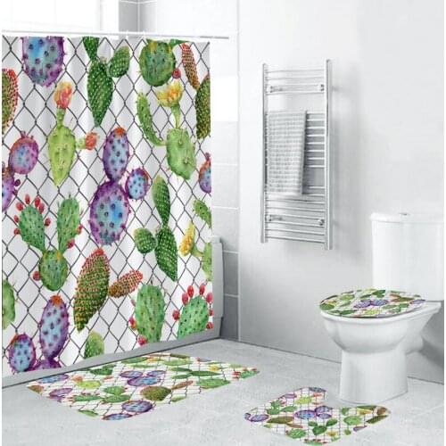Plant Cactus Printing Bathroom Waterproof Shower Curtain Set Pedestal Rug Lid Carpet Toilet Cover Set Bath Curtain Mat Set