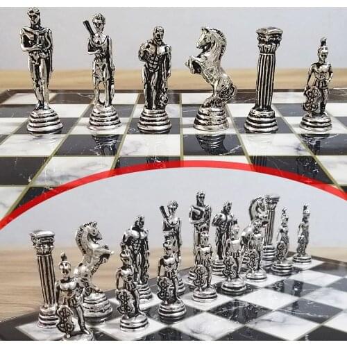 Metal Chess Set Ancient Greek Mythological Shielded Soldier Figure 27x27 Cm Plated Marble Gantry