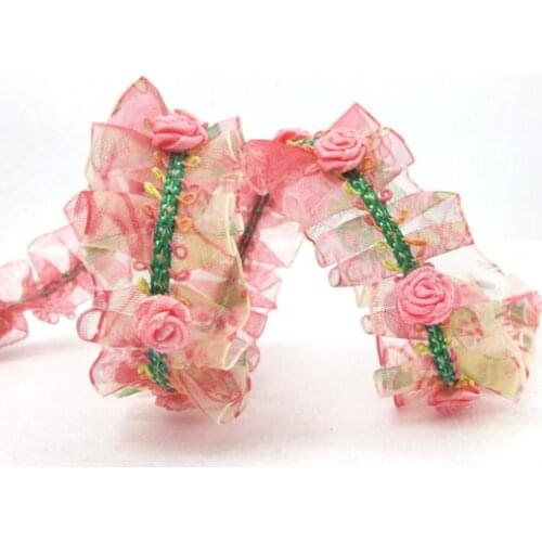 Pleated Trim|w Rococo Flower Trim|1 1/8 Inches Pleated Ombre Printed Chiffon Trim|Organza Chiffon Trim|Retro Handmade Supplies