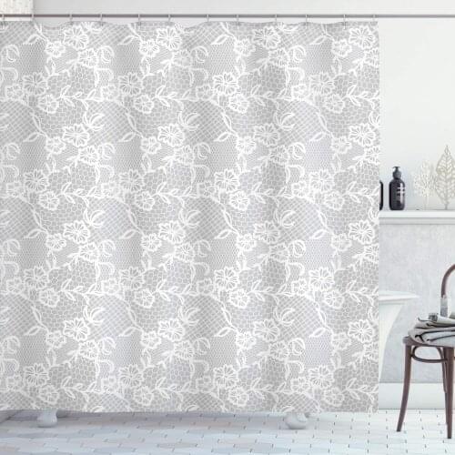 Grey Shower Curtain, Artwork Inspired Oriental Turkish Lace Pattern with Traditional Impression Image, Cloth Fabric Bathroom