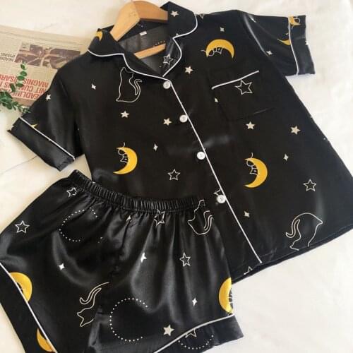 Silk Pajamas for Women Pyjama Satin Femme Night Star Moon Print Pajamas Set Shorts and Top Female Womens Home Suit Sleepwear