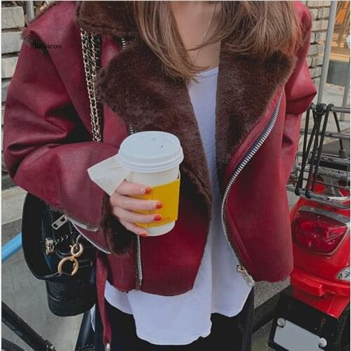 Faux PU Leather Suede Short Jacket Velvet Inside New stylish ladies Zipper Biker Brown Zipper Outerwear