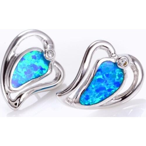 Boho Female Blue Fire Opal Earrings Cute Small Silver Color Leaf Stud Earrings Vintage Heart Wedding Earrings For Women