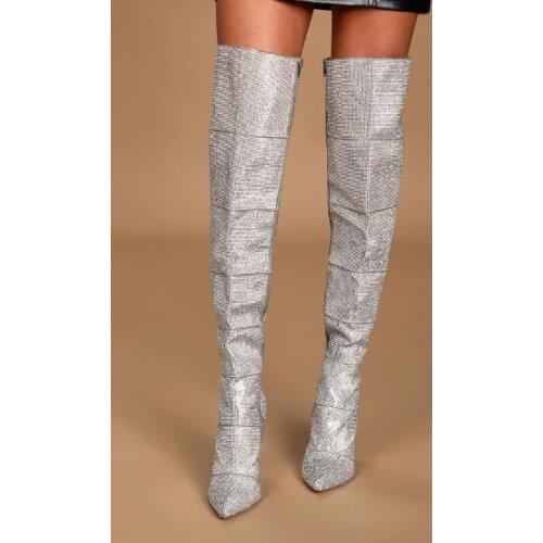 Dipsloot Woman Bling Bling Pointed Toe Luxurious Crystal Over The Knee Boots Pointed Toe Rhinestone Stiletto Heels Long Boots