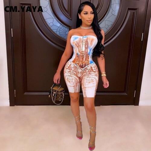 CM.YAYA Women Set Print Sleeveless Strapless Zip Slim Tops Strechy Shorts Two 2 Piece Sets Sexy Fashion Streetwear Summer Outfit