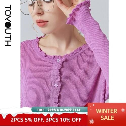 Toyouth Women Knit Cardigan Round Neck Sweaters Long Ruffles Puff Sleeve Causal Purple Elegant Top