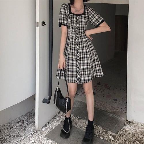 Dress Women Short Sleeve Plaid Square-collar Puff-sleeve Button Drawstring Summer Dresses Vintage Korean Style Elegant Ulzzang