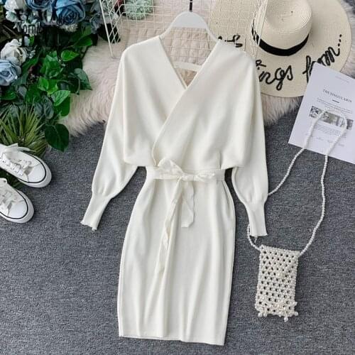 YornMona Elegant Batwing Sleeve V Neck Knitted White Dress 2021 Autumn Winter Vintage Women Dress Sash Ladies Office Dress