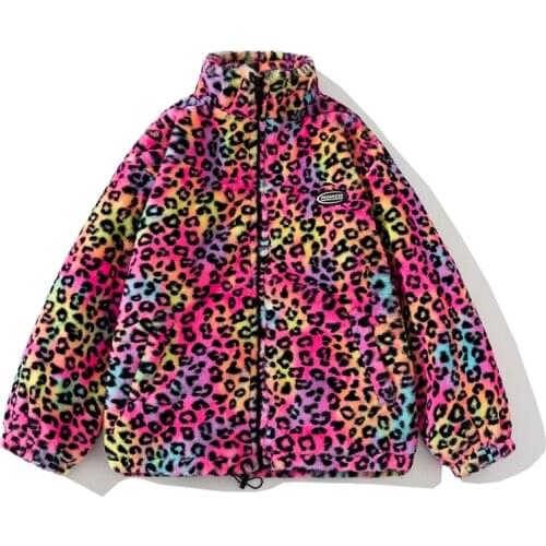 Winter Leopard Cotton-Padded Clothes Plush Zipper Jacket Men Fashion Street Warm Coat Loose Outerwear Male Female Plus Size 5XL