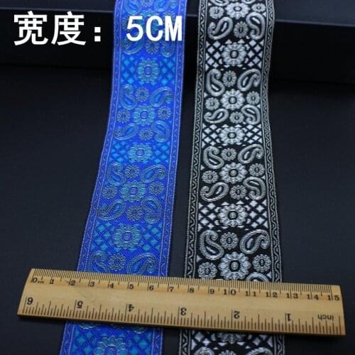 10Yards High Quality Retro 5cm Wide Black Embroidered Webbing Woven Ribbon DIY Decorating Accessories National Wind Lace Blue