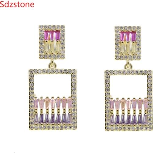 2020 Square Temperament Dangle Earrings With Color Cz Real Golden Plated Copper Geometric Earrings Jewelry For Women High Q Gift