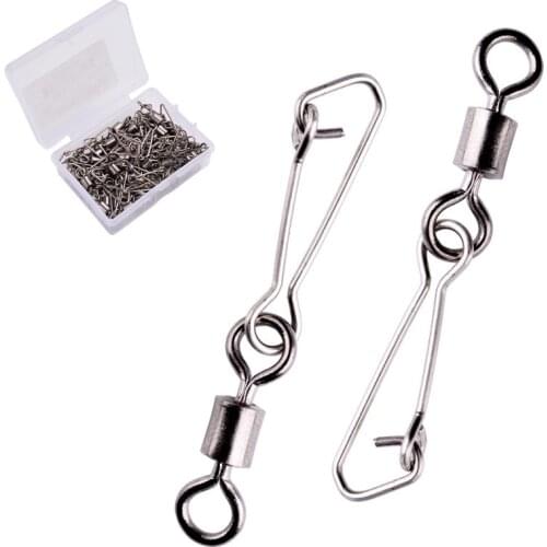 50pcs/ Box Stainless Steel Fishing Bearing Interlock Rolling Swivel #2/0 - #14 With Hooked Snap Fishing Hook Connector Tackle