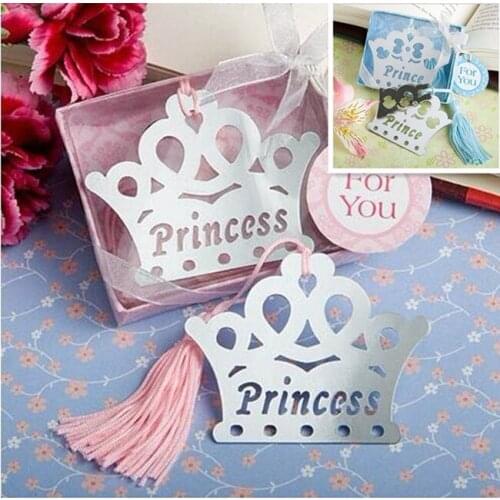 Free Shipping 10pcs/lot Pink/Blue Princess Crown Metal Bookmark With Tassels Ribbon Gift Box For Party Gift Or Souvenirs