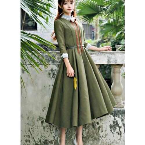 Free Shipping 2017 Spring New Arrival High Quality Peter Pan Collar Puff Sleeve Three-quarter Sleeve Woman Long Chiffon Dress