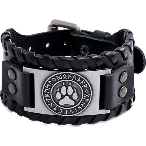 Black Unique Handmade Charm Wide Leather Bracelet Men Punk Bronze Alloy Cuff Bangle Male Wristband Viking Bracelet Mens Jewelry