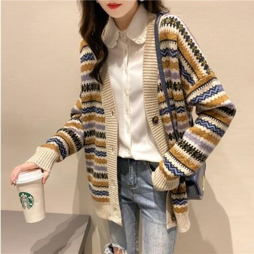 Spring Autumn V-Neck Knitted Cardigans Women Single Breasted Striped Loose Sweaters Female Casual Cardigans Soft Knitwear SA331
